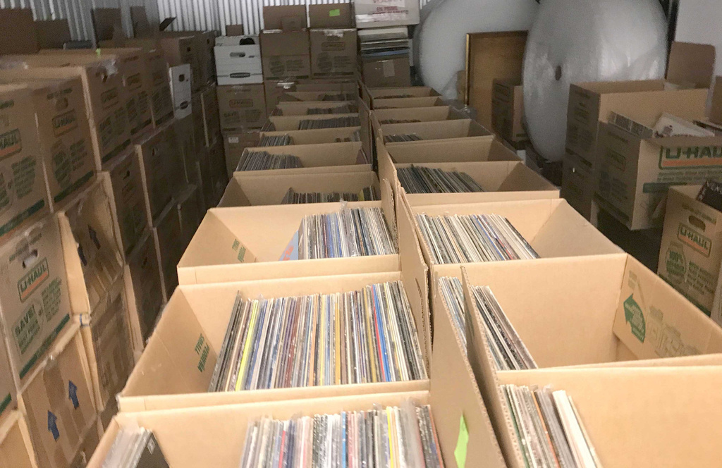 Boxes of records at Vinyl Pursuit